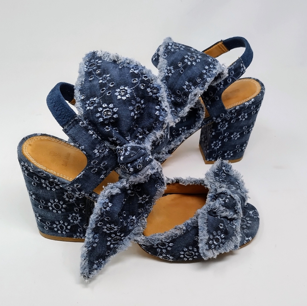 Anthropologie Bill Blass Carmen Denim Bow Block Heel Sandals - 8